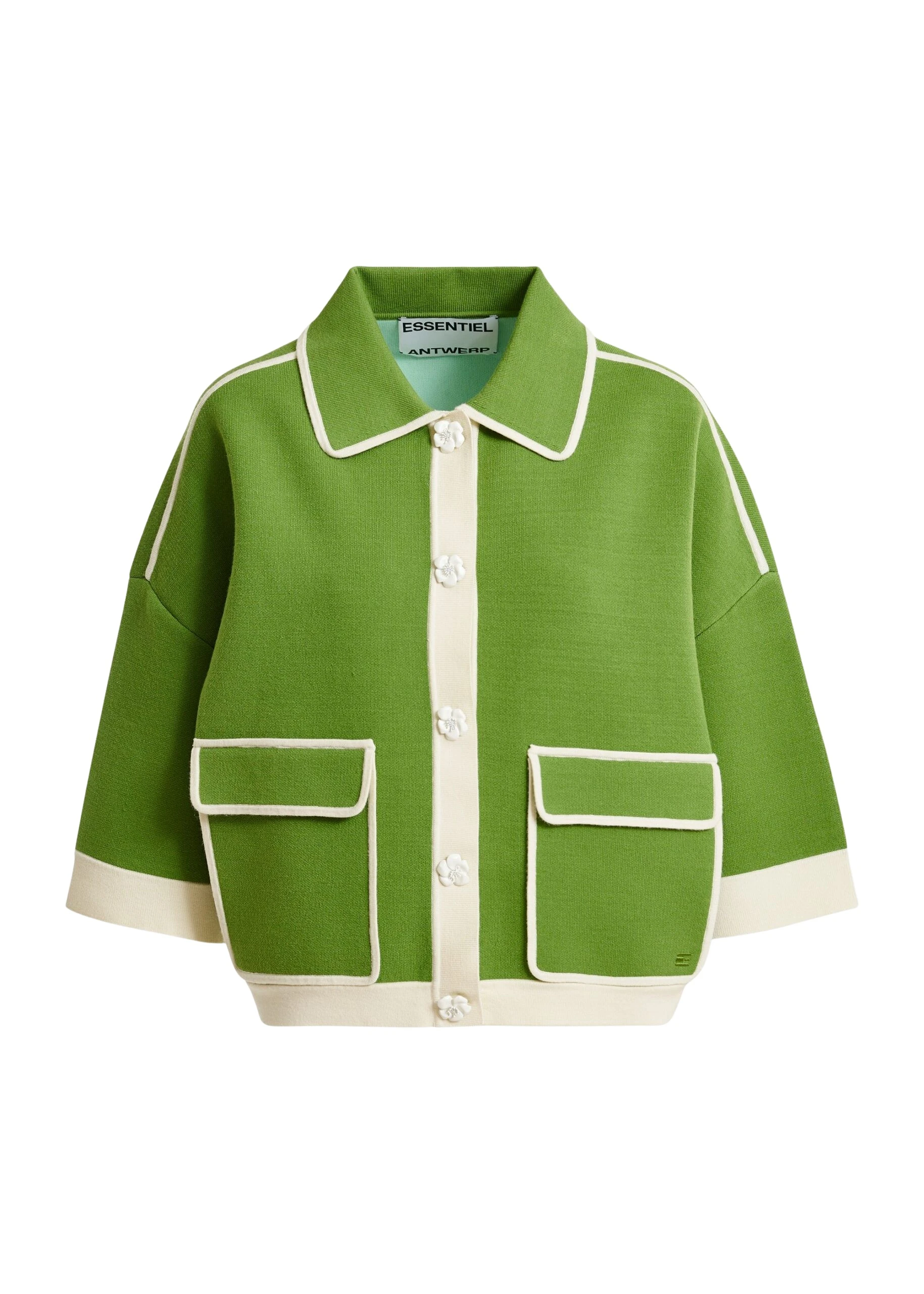 Essentiel-Antwerp-Green-knit-cardigan-with-flower-buttons-and-off-white-contrasting-trims-scaled94200_nobg Green knit cardigan with flower buttons and off-white contrasting trims