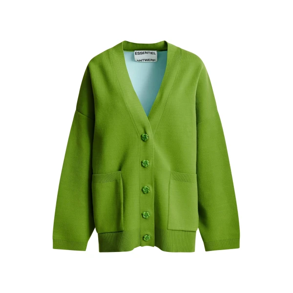 Green knit cardigan with tonal flower buttons