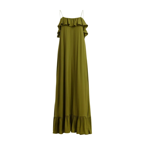Green maxi dress with ruffled neckline and tie-back detail