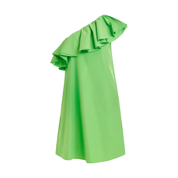 Green one-shoulder mini dress with ruffle details