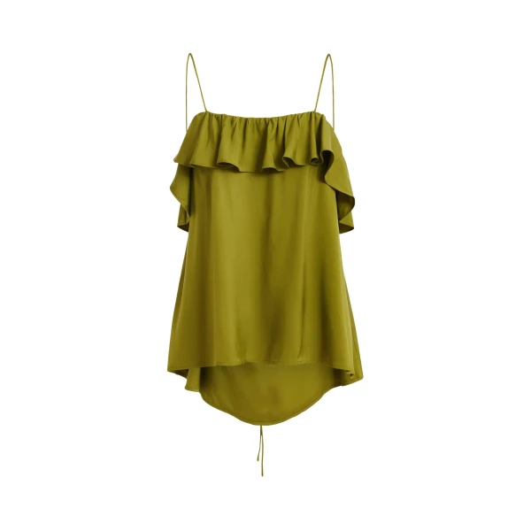 Green ruffled camisole top with tie-back detail