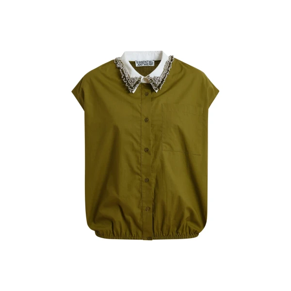 Green sleeveless cotton shirt with embellished collar