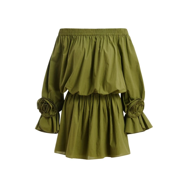 Green strapless cotton mini dress with rosette details