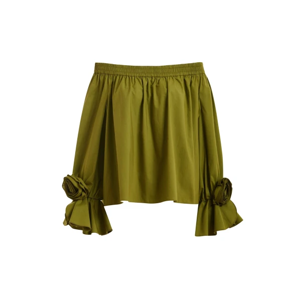 Green strapless cotton top with rosette details