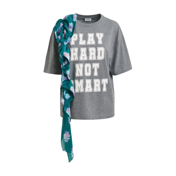 Grey and white printed cotton T-shirt with turquoise cascading frills