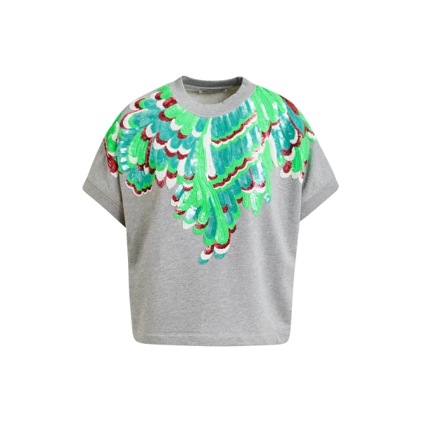 Grey cotton sweatshirt with multicolor feather embellishments