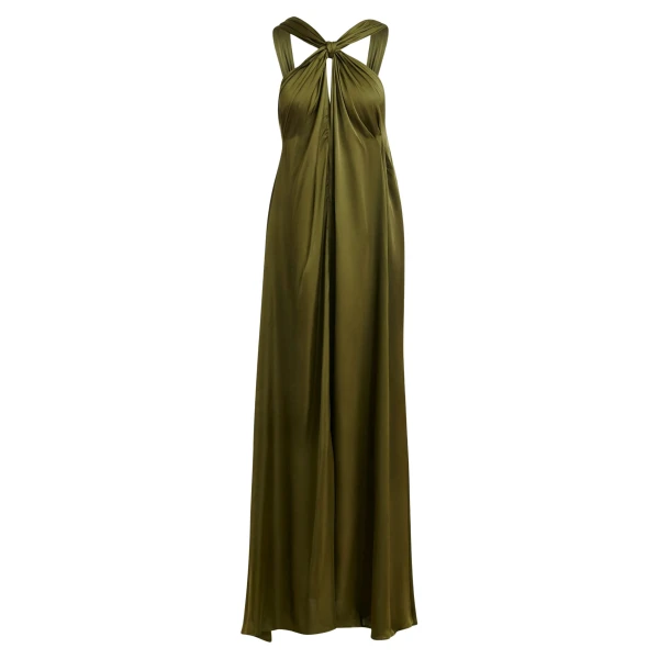 Khaki A-line halterneck maxi dress with crossover straps