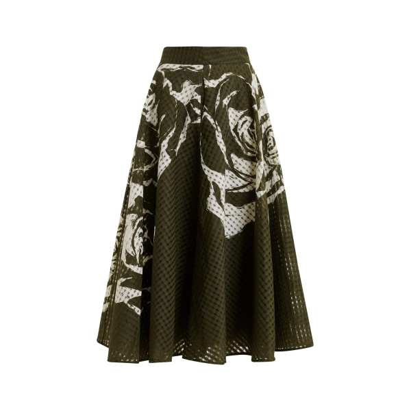 Khaki and off-white pleated midi skirt with flowers