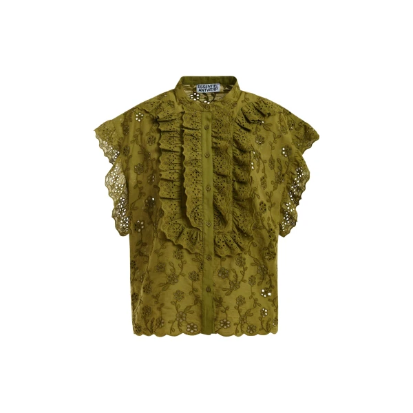Khaki broderie anglaise cotton blouse with ruffled trims