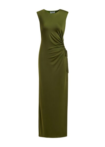 Khaki fitted sleeveless dress with ruched cut-out detail