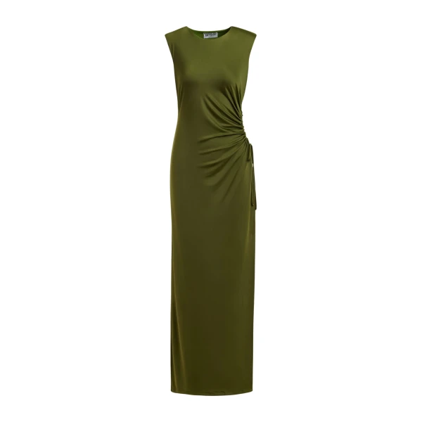 Khaki fitted sleeveless dress with ruched cut-out detail