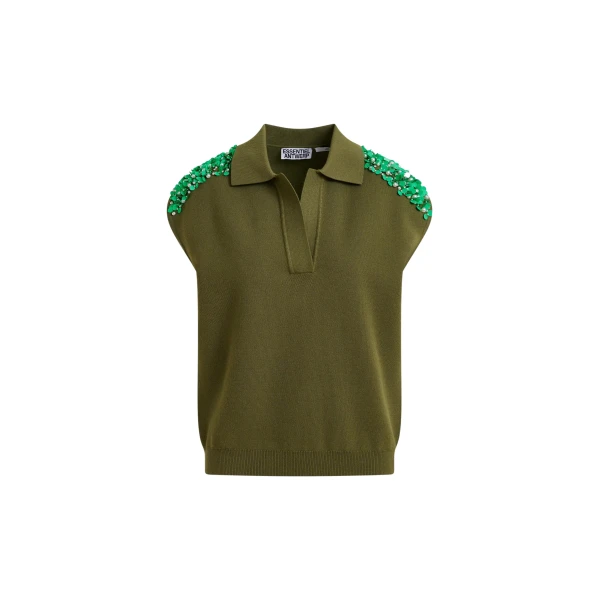 Khaki sleeveless polo with green embellished shoulders