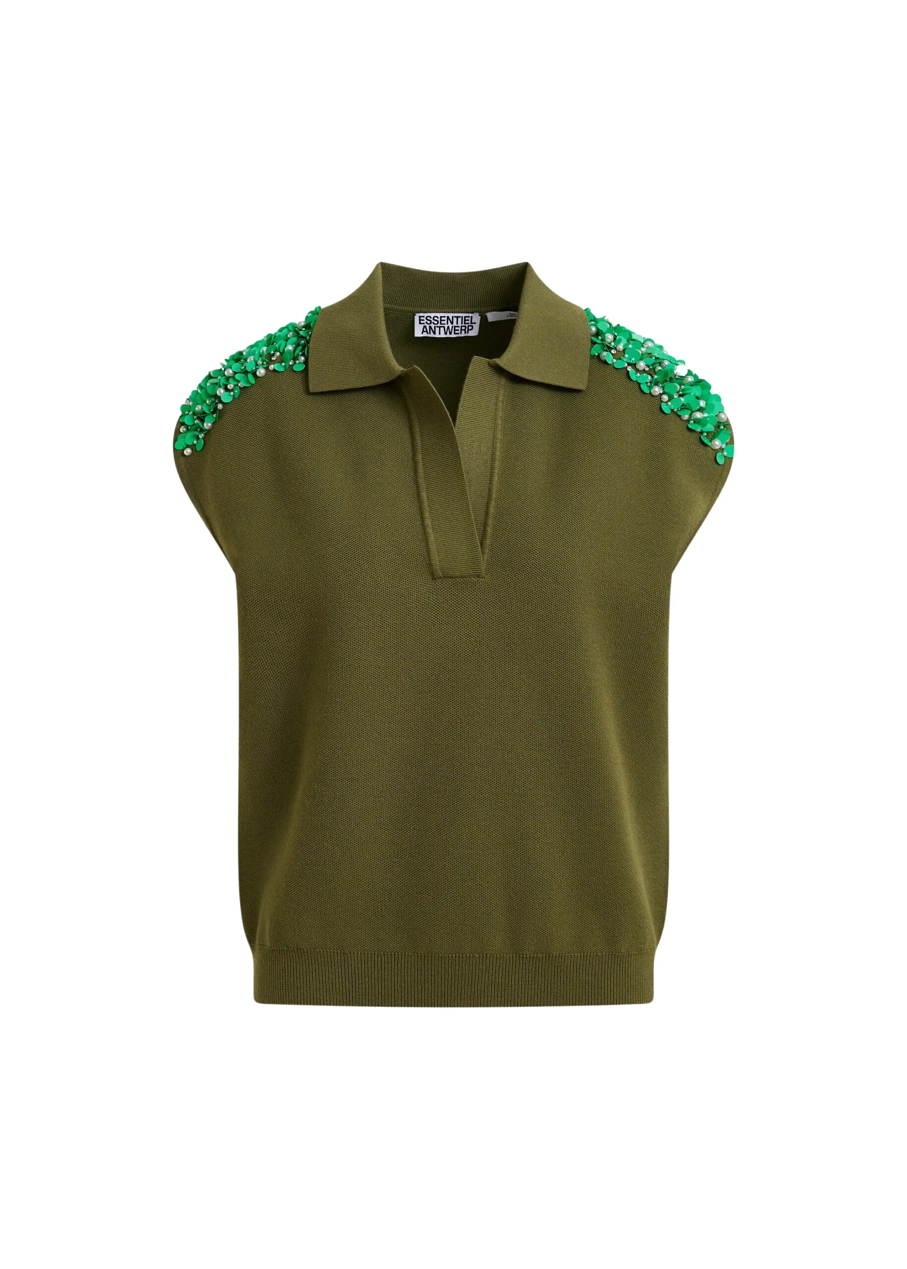 Essentiel-Antwerp-Khaki-sleeveless-polo-with-green-embellished-shoulders-scaled40843_nobg Khaki sleeveless polo with green embellished shoulders
