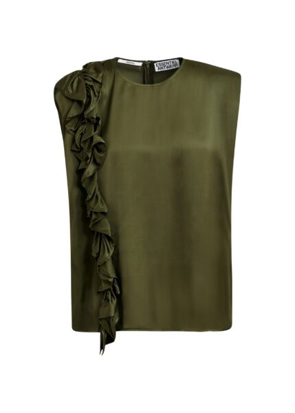 Khaki sleeveless top with ruffle detail