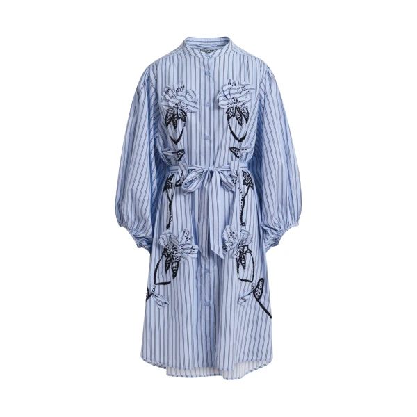 Light blue and black oversized cotton shirt dress with floral appliqué embroidery and bead embellishments