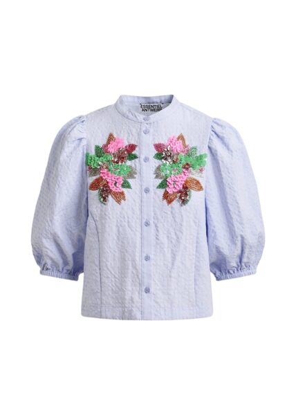 Light blue and multicolor floral sequin and bead-embellished shirt with voluminous sleeves
