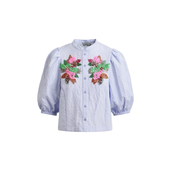 Light blue and multicolor floral sequin and bead-embellished shirt with voluminous sleeves