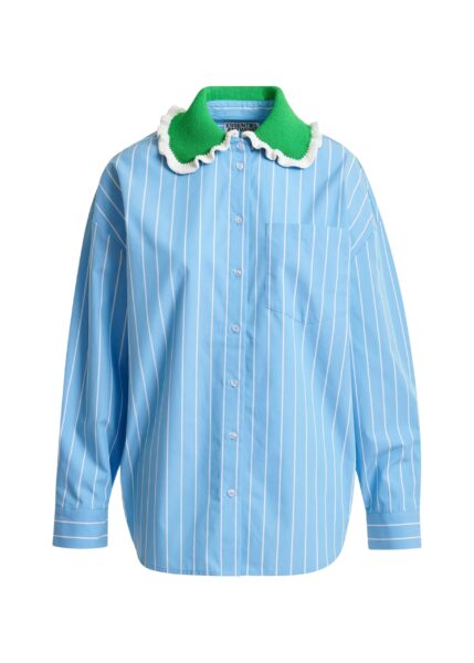 Light blue and off-white striped cotton shirt with green crochet ruffled collar