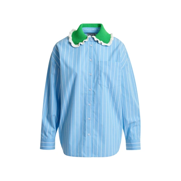 Light blue and off-white striped cotton shirt with green crochet ruffled collar