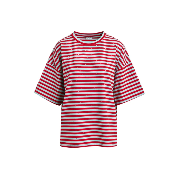Light blue and red striped rhinestone-embellished oversized cotton T-shirt