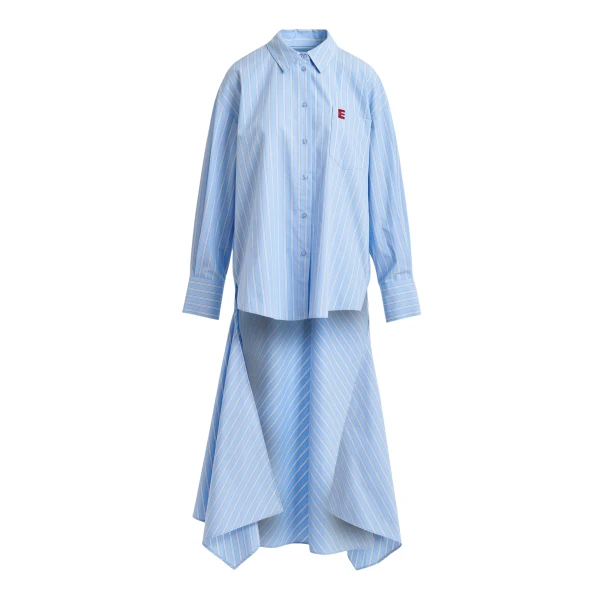 Light blue and white oversized cotton shirt with transformable tie detail