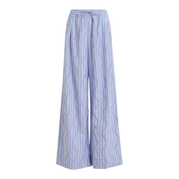 Light blue and white rhinestone-embellished striped wide-leg pants