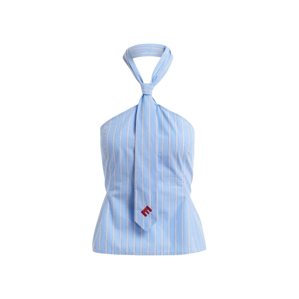 Light blue and white striped halterneck cotton top with tie detail