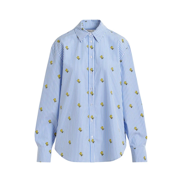 Light blue and white striped oversized cotton shirt with yellow Peanuts™ print