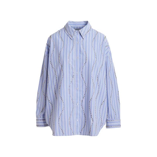 Light blue and white striped oversized shirt with stud embellishments