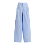 Light blue and white tapered-leg cotton pants with detachable pearl belt