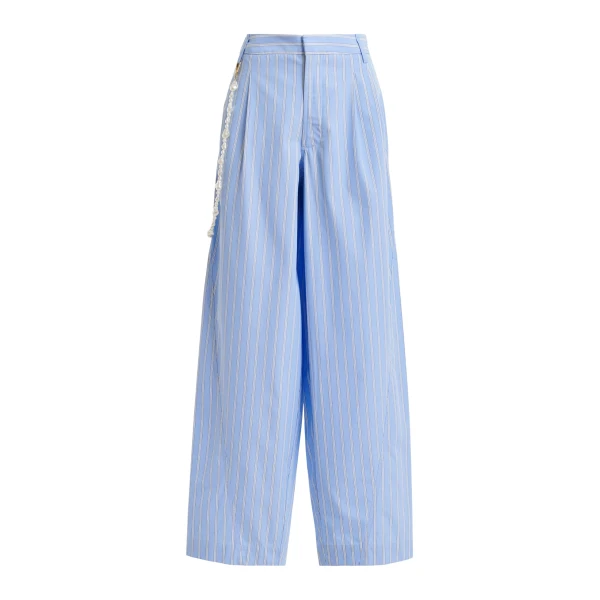 Light blue and white tapered-leg cotton pants with detachable pearl belt
