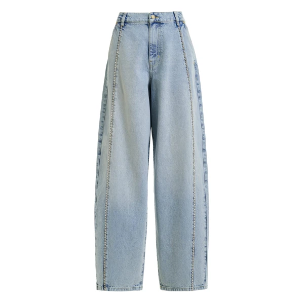 Light blue balloon-leg jeans with silver rhinestone side trim