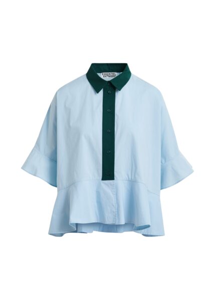 Light blue cotton peplum shirt with dark green contrast detailing