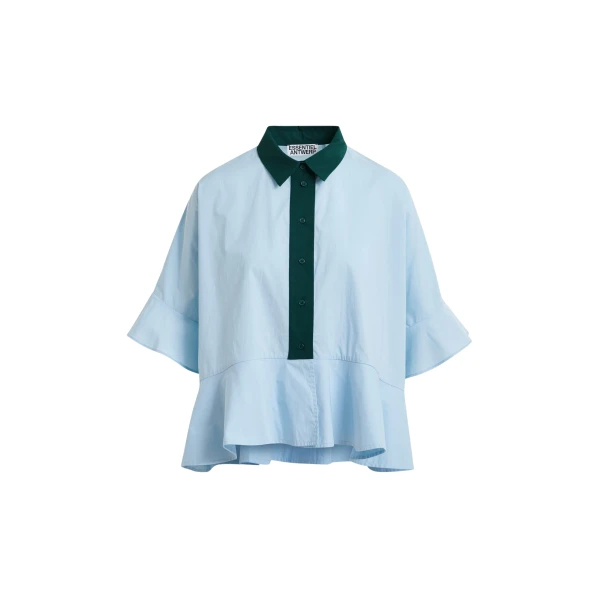 Light blue cotton peplum shirt with dark green contrast detailing