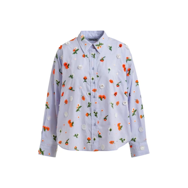 Light blue cotton shirt with green and orange flower sequin