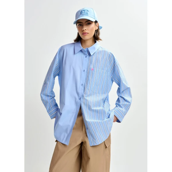 dark blue and white striped panel detail cotton shirt