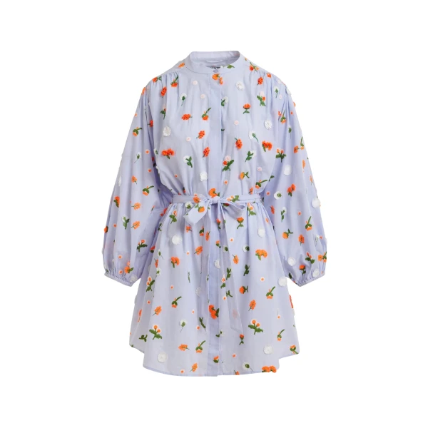 Light blue knee-length dress with mandarin collar and green and orange embellishments