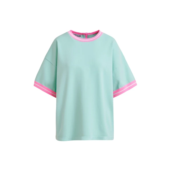 Light blue knit T-shirt with pink contrasting trim