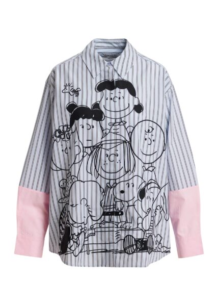 Light blue striped cotton shirt with Peanuts™ embroidery and pink contrast sleeves