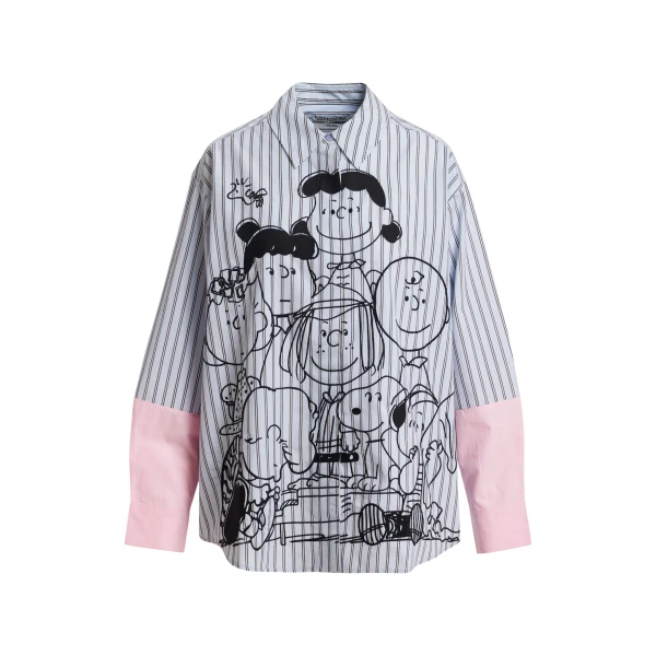 Light blue striped cotton shirt with Peanuts™ embroidery and pink contrast sleeves