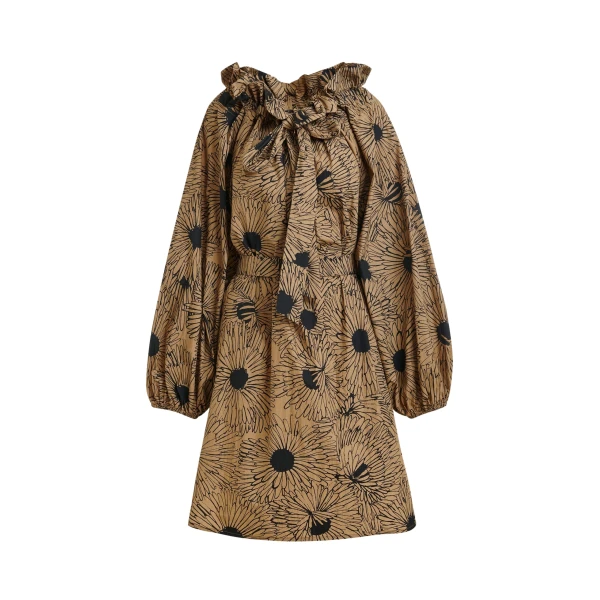 Light brown and black cotton mini dress with voluminous sleeves and adjustable neckline