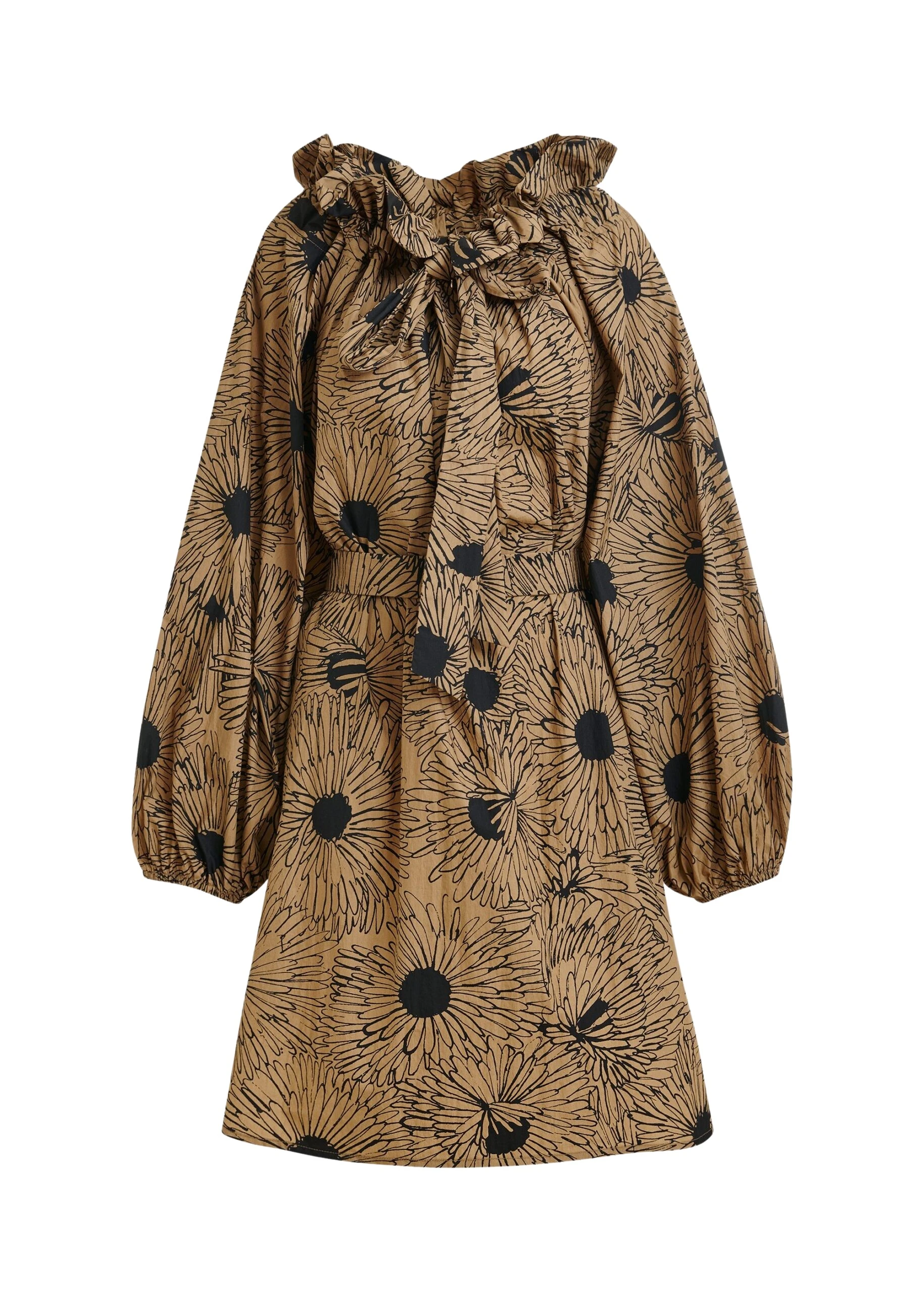 Essentiel-Antwerp-Light-brown-and-black-cotton-mini-dress-with-voluminous-sleeves-and-adjustable-neckline-scaled94584_nobg Light brown and black cotton mini dress with voluminous sleeves and adjustable neckline