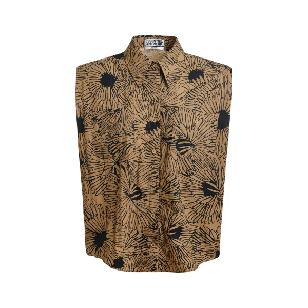 Light brown and black sleeveless shirt with padded shoulders