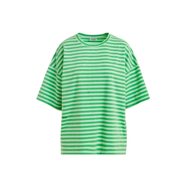 Light green and green striped rhinestone-embellished oversized cotton T-shirt