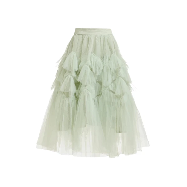 Light green asymmetrical tiered tulle midi skirt