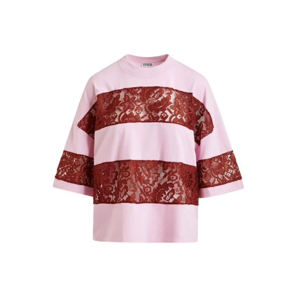 Light pink and bordeaux cotton striped lace insert T-shirt