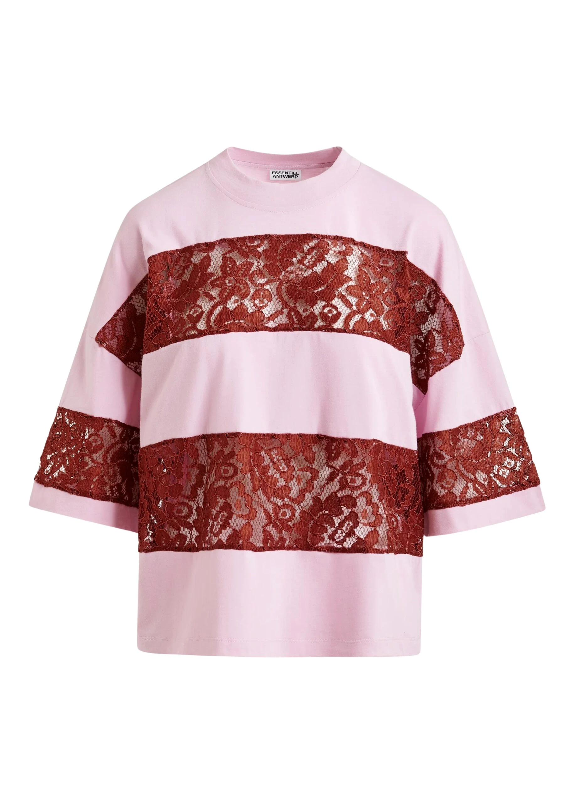 Essentiel-Antwerp-Light-pink-and-bordeaux-cotton-striped-lace-insert-T-shirt-scaled95631_nobg Light pink and bordeaux cotton striped lace insert T-shirt