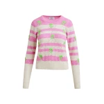 Light pink and pink striped intarsia-knitted sweater with green flower embroidery