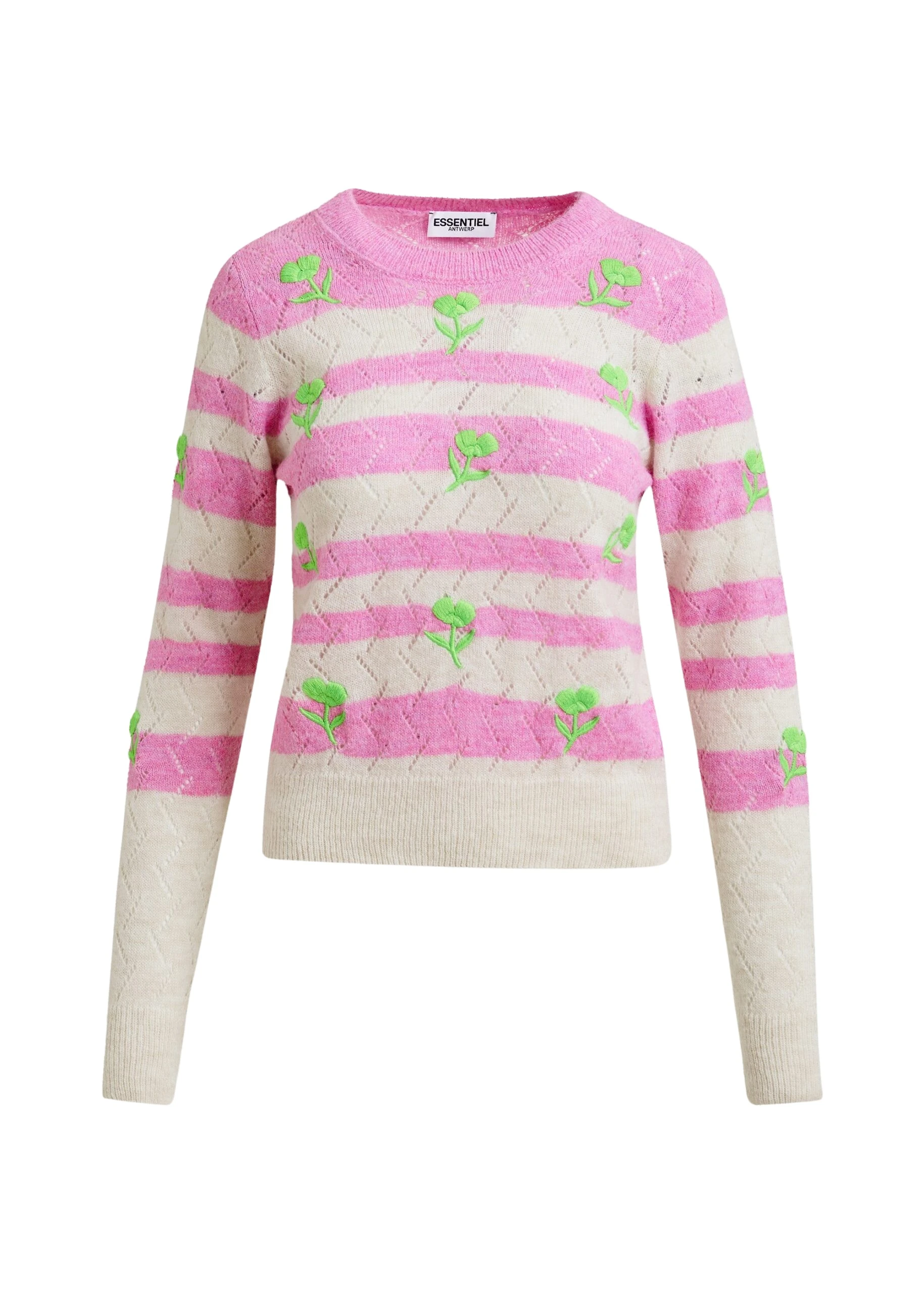 Essentiel-Antwerp-Light-pink-and-pink-striped-intarsia-knitted-sweater-with-green-flower-embroidery-scaled90473_nobg Light pink and pink striped intarsia-knitted sweater with green flower embroidery