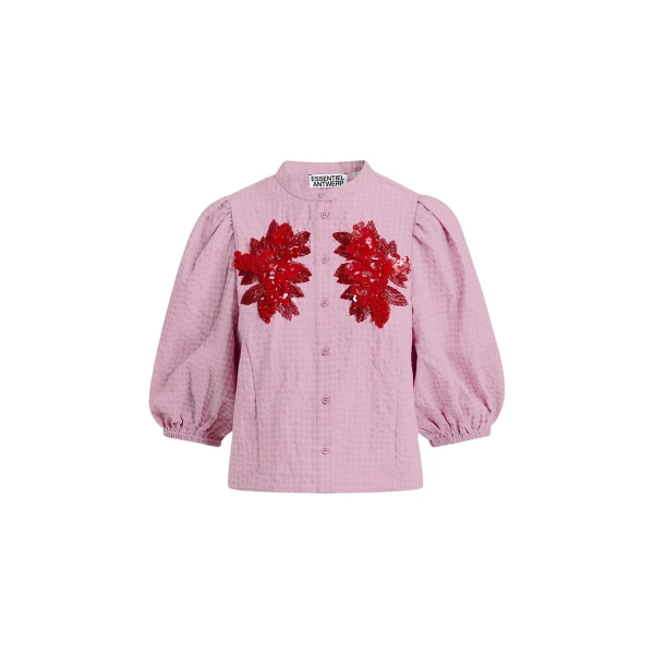Light pink and red floral sequin and bead-embellished shirt with voluminous sleeves